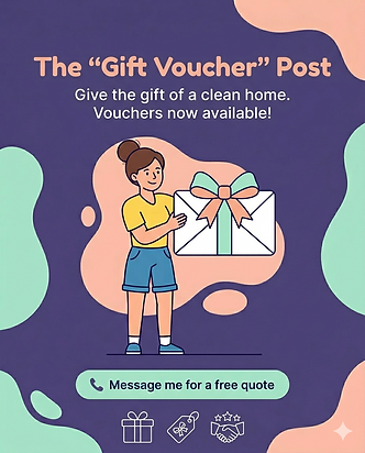 Person holding a large gift envelope on a colorful background. Text: "The 'Gift Voucher' Post. Message me for a free quote." Mood is cheerful.