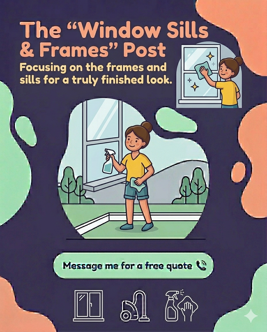Person cleaning windows with a spray bottle. Text says "The 'Window Sills & Frames' Post." Background has abstract colors. Message me for a free quote.