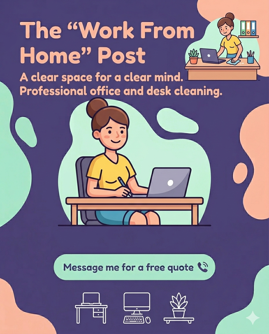 Illustration of a woman working at a desk with a laptop. Text: The "Work From Home" Post. Message me for a free quote.