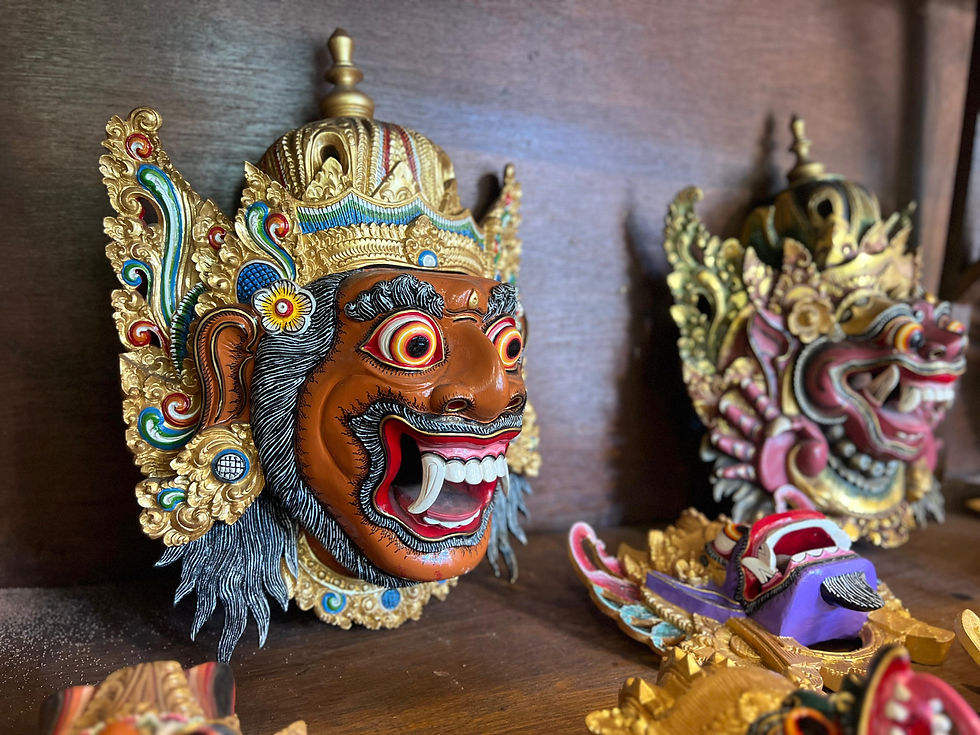 Hand-carved Balinese Ravana wooden mask with an elaborate crown and expressive traditional details