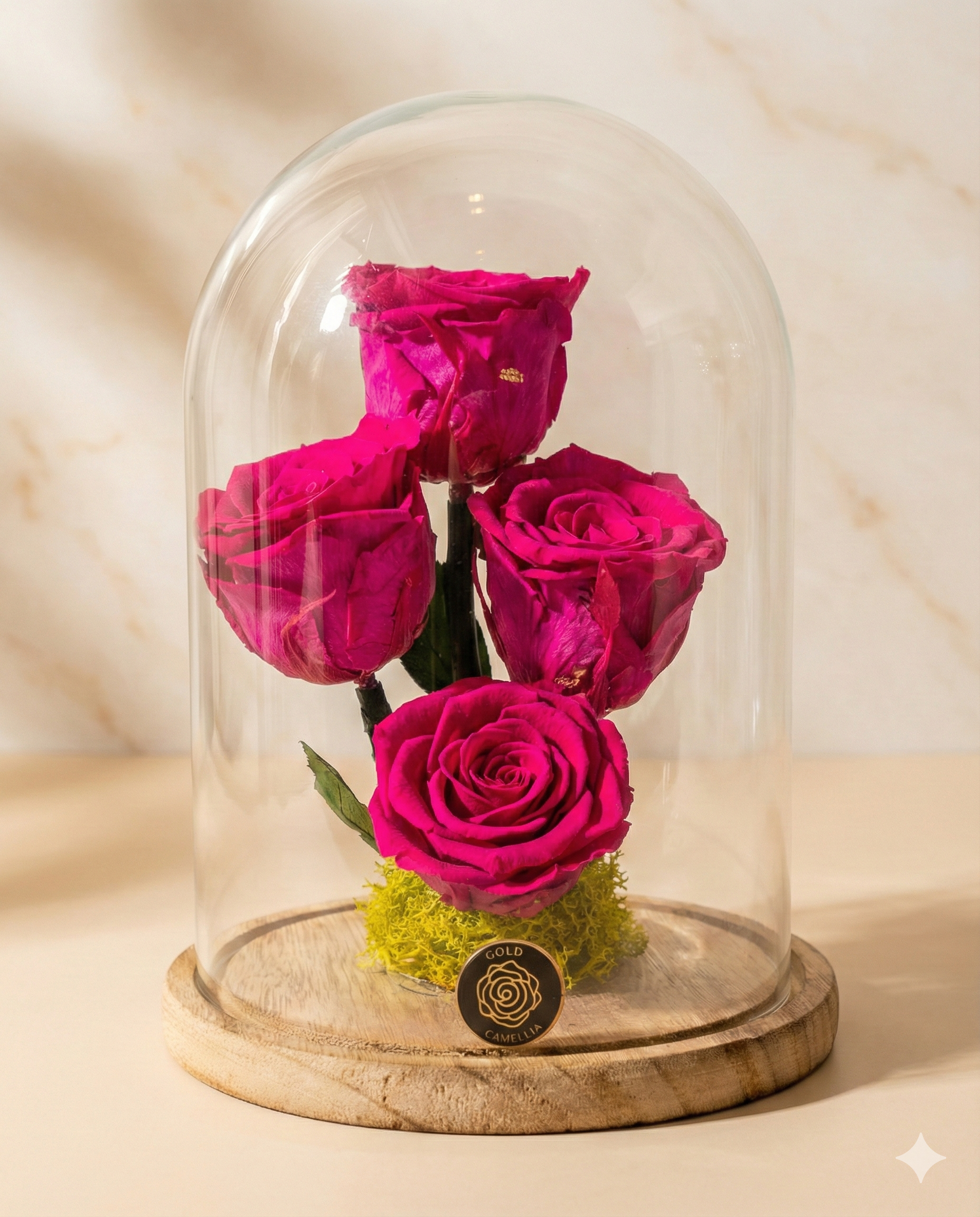 Pink rose dome with preserved roses inside glass cloche keepsake