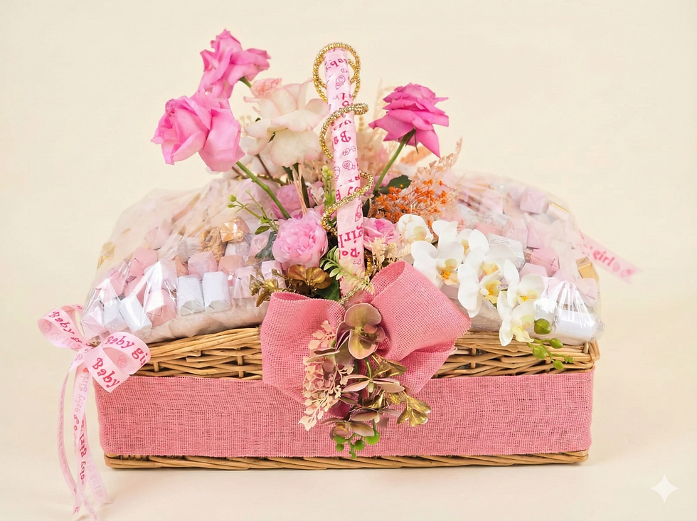 Thumbnail: Baby girl gift basket with pink roses, orchids, and wrapped sweets arrangement