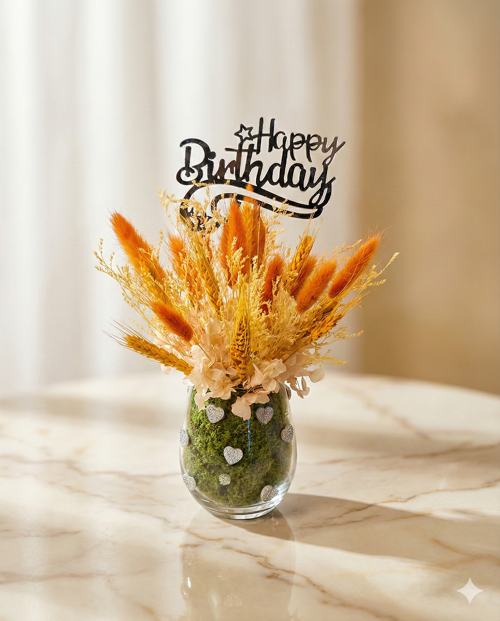Elegant preserved birthday vase gift with golden dried accents