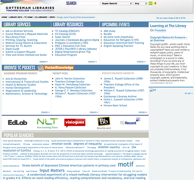 Side-by-side comparison of the university library homepage before and after the redesign. The before version shows a cluttered homepage with many different sections and entry points.