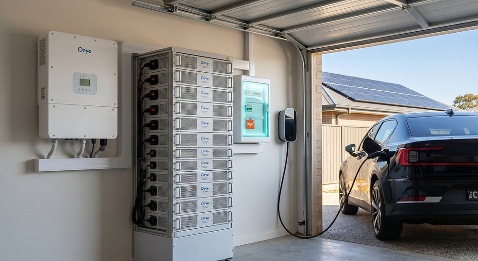 Home garage with a wall-mounted battery system and a black car charging. Solar panels visible on the house roof outside.