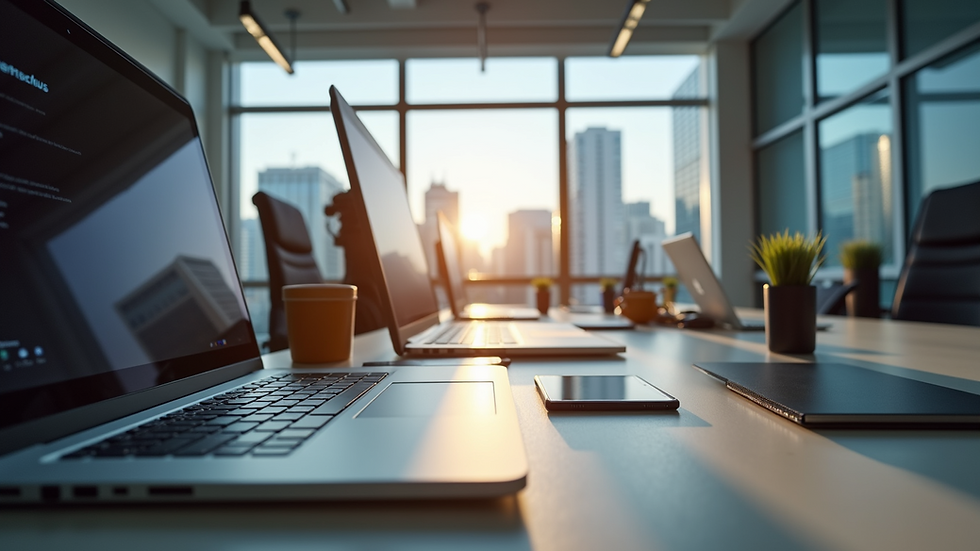 Eye-level view of a modern office workspace with technology tools
