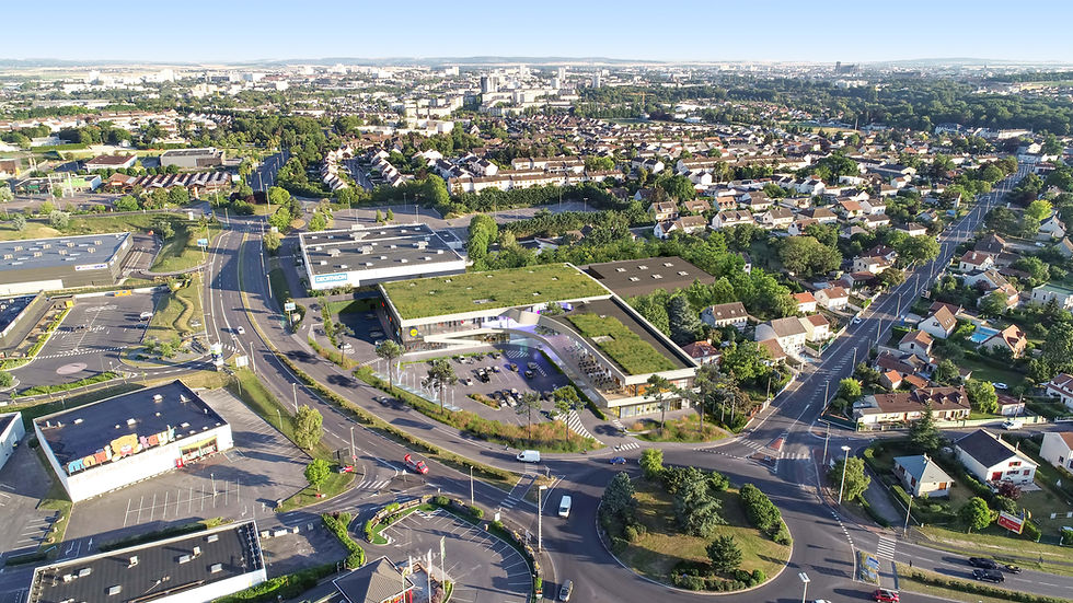 CAM_COMRONTREUIL perspective aérienne avec insertion drone d'un centre commercial moderne, contemporain rendu 3d magnifique
