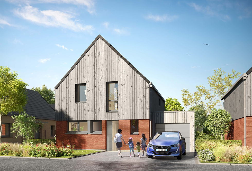 perspective promotion immobilière maison individuelle, belle lumière ciel bleu