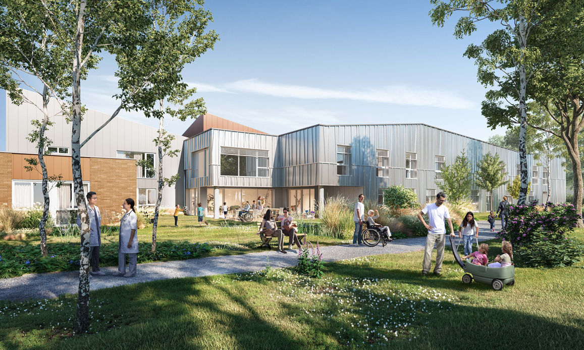 Magnifique perspective d'architecte, bâtiment en bardage métallique.