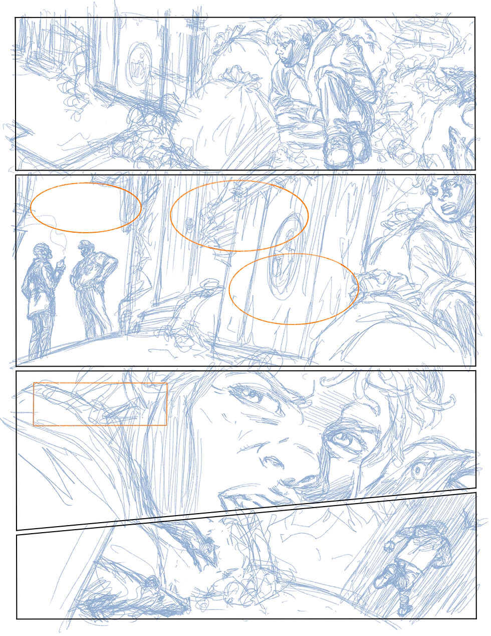 Additional blue pencil comic page sketches showing the human drawing process behind Pumpkinomicon.