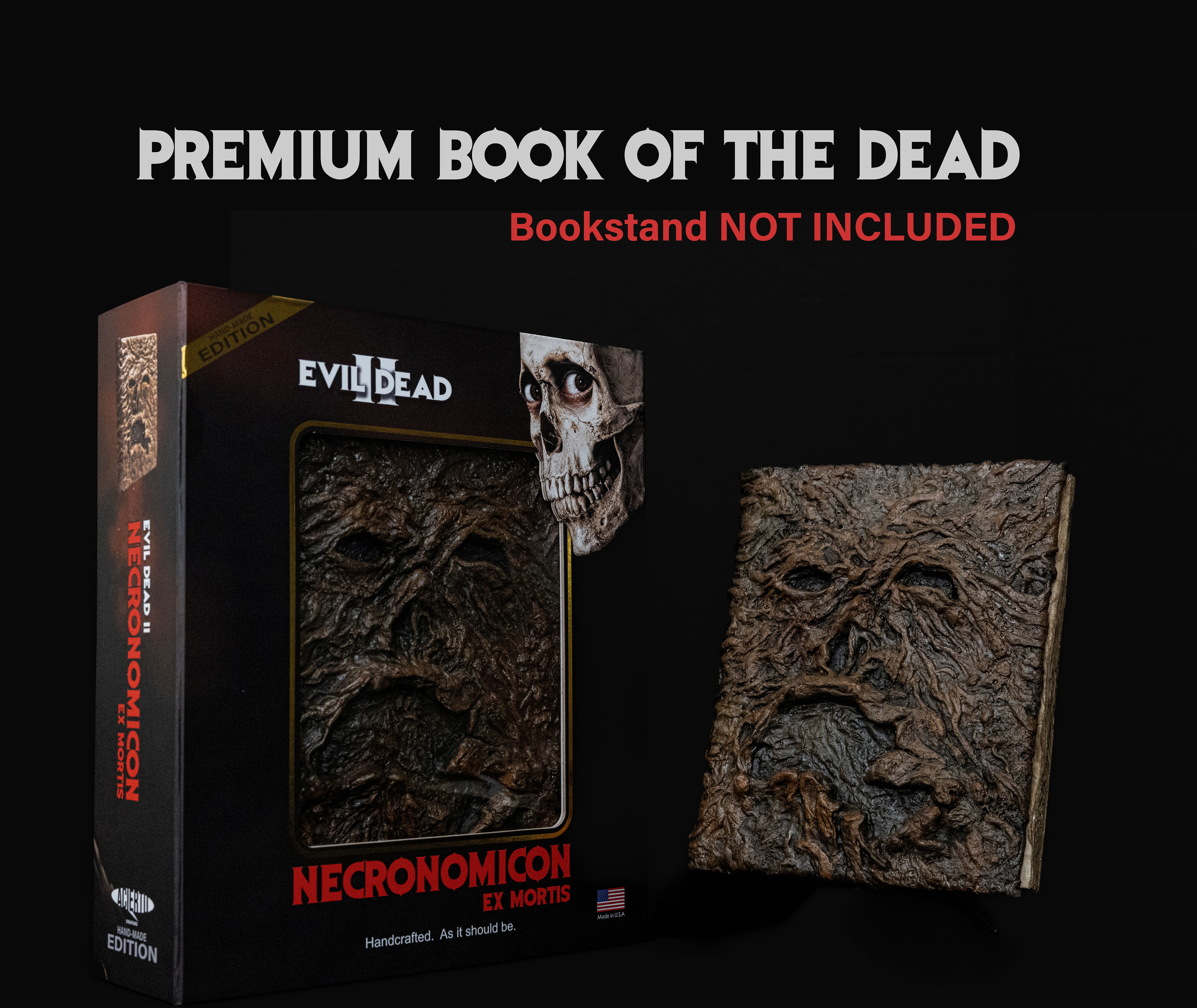 Evil Dead II Necronomicon Ex Mortis book beside its presentation box; display stand not included