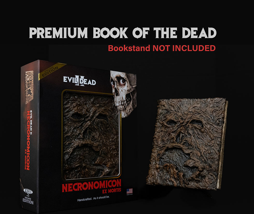 Evil Dead II Necronomicon Ex Mortis book beside its presentation box; display stand not included