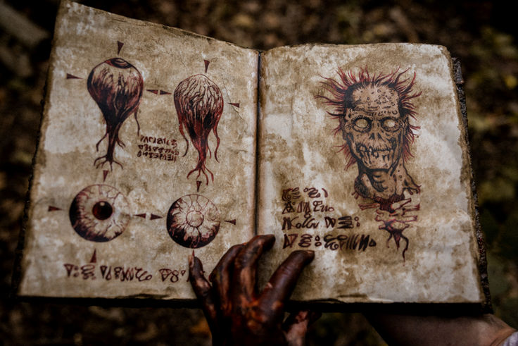 Necronomicon interior spread with anatomical sketches, circular symbols, and a face illustration