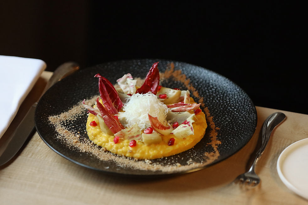 Kürbisrisotto mit Cantucci, Artischocken, Radicchio Tardivo, Granatapfel und geräuchertem