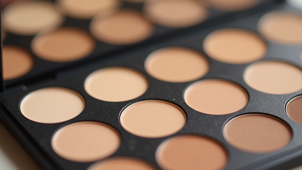 Close-up view of a makeup palette with various concealer shades