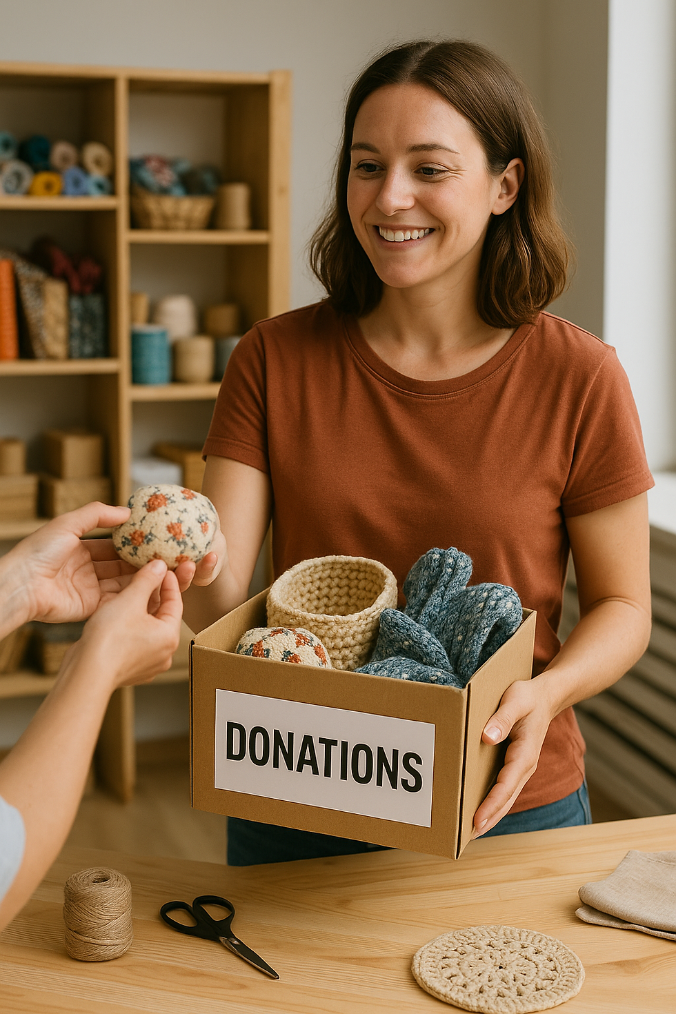 Smiling woman holds a "Donations" box with knitted items. Another hand is seen offering a knitted ball. Yarn shelves in the background. Warm mood.