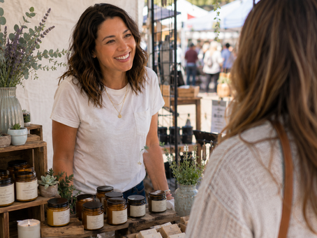 Smiling vendor chats with a shopper at an outdoor market stall of candles, soaps and plants, with blurred tents and crowd behind.