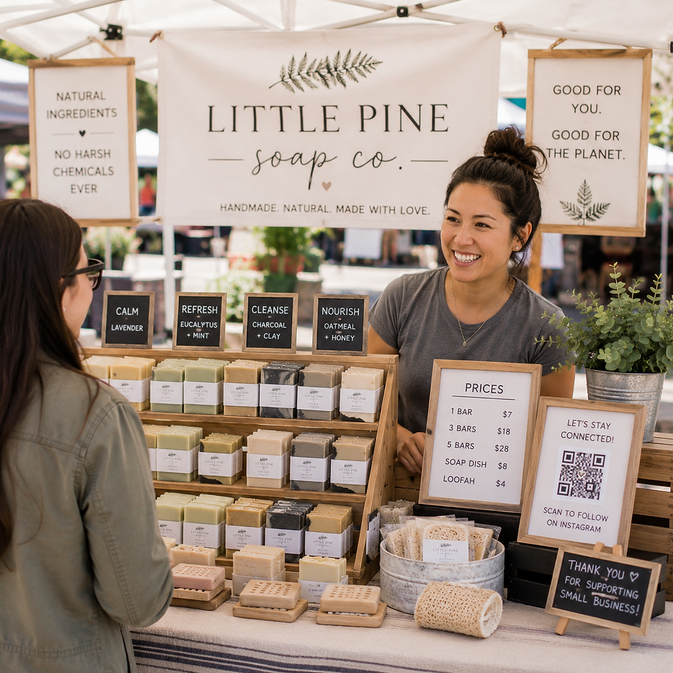 Smiling vendor at Little Pine Soap Co. booth with handmade soap bars, prices, QR code signs, and a customer at an outdoor market.