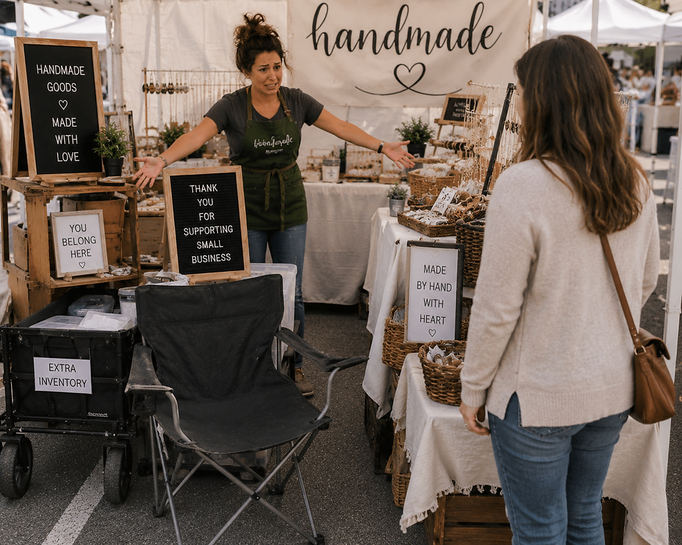 Vendor gestures at a handmade goods market stall with signs reading handmade goods and thank you for supporting small business.