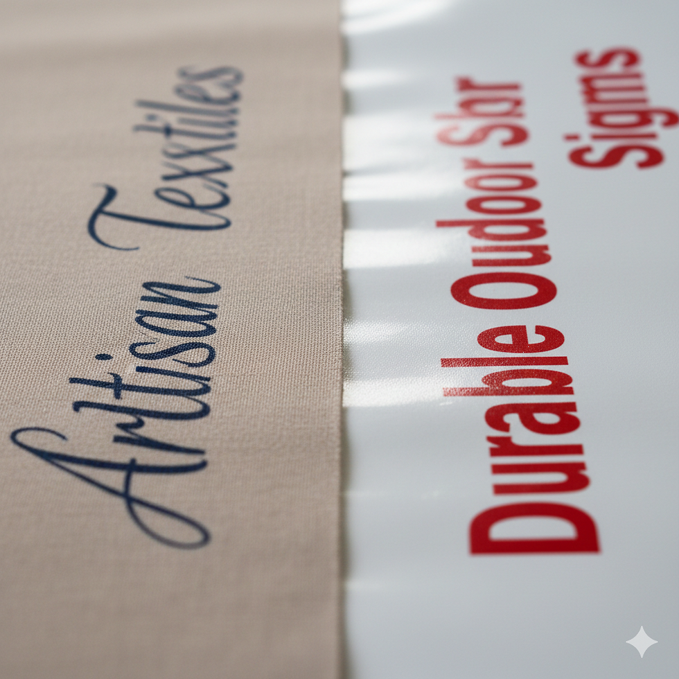 Fabric next to a glossy sign. Blue text reads "Artisan Textiles" on fabric; red text reads "Durable Outdoor Signs" on white background.