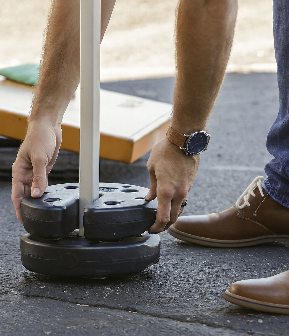 Person placing weights on a pole base outdoors. Wearing a brown watch and shoes, denim jeans. Asphalt ground; cardboard box in background.