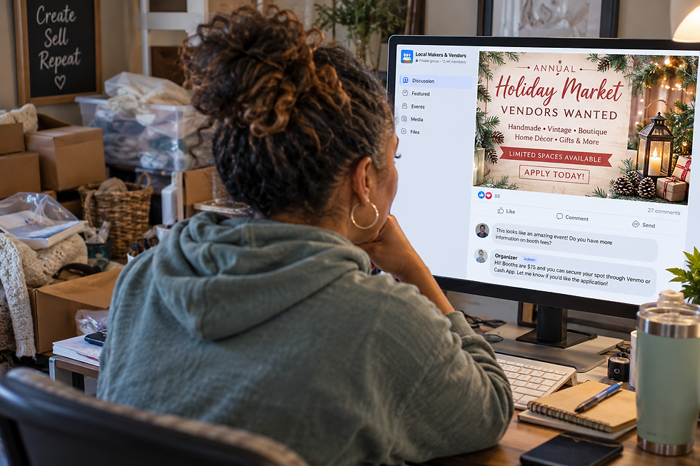 Woman at desk reviews a Local Makers & Vendors post on an iMac, reading Holiday Market vendors wanted in a cozy craft studio.