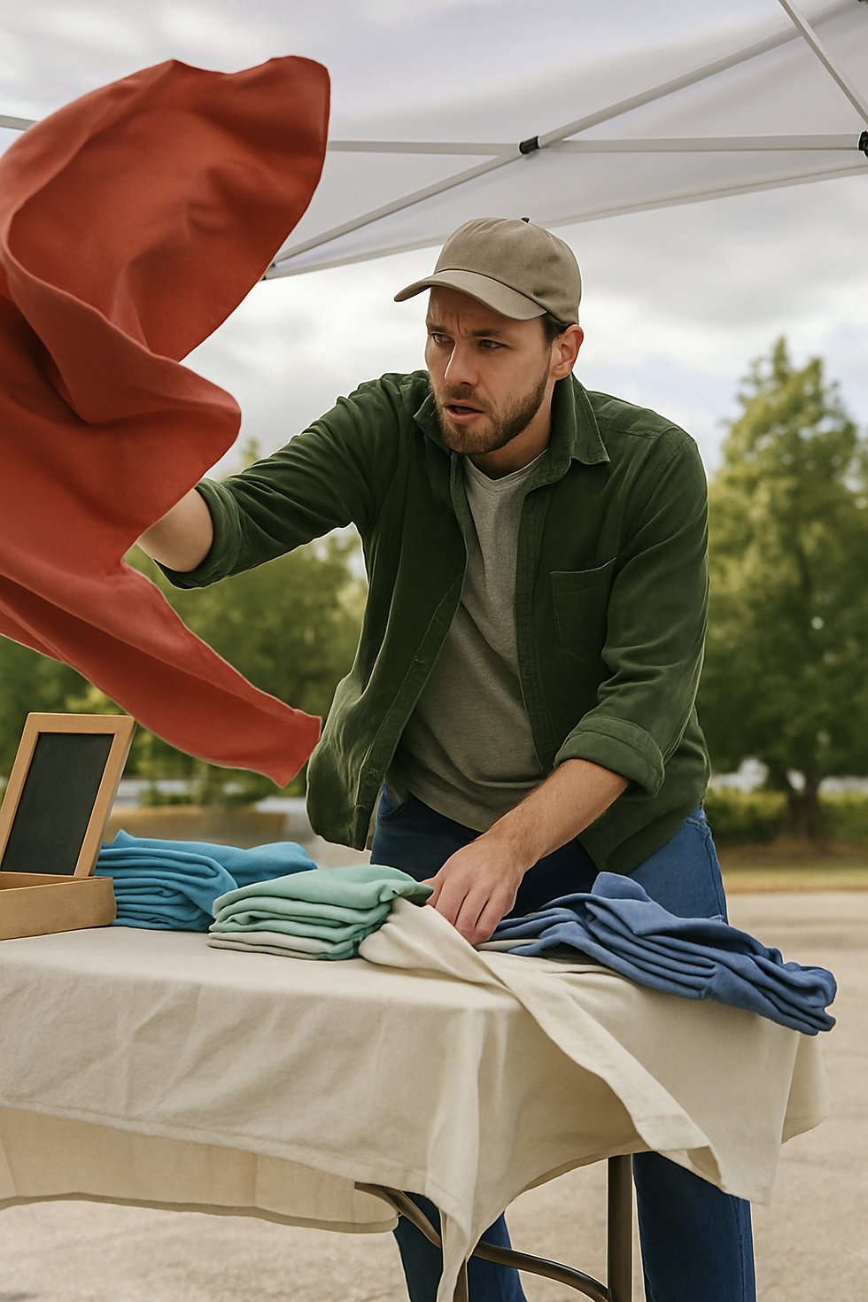 Man in a cap arranges colorful clothes on an outdoor table under a canopy. He holds a red fabric, with trees in the background.