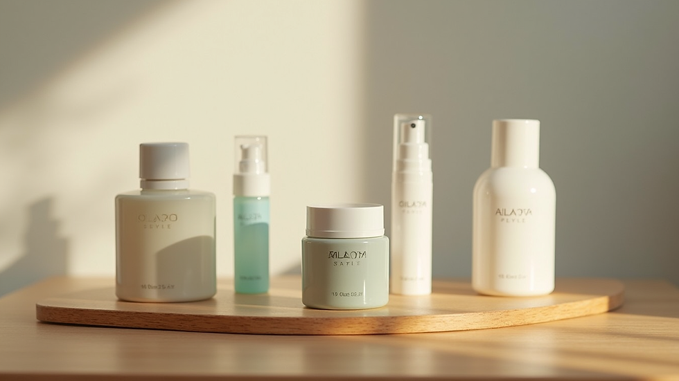 Close-up view of a skincare product lineup on a wooden surface
