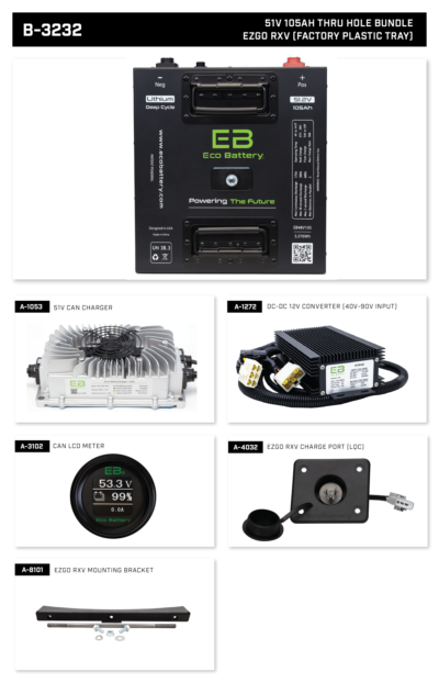 Various Eco Battery EV parts include 51V 105AH Skinny Eco Battery Bundle for Advanced EV EV1 / 2017-21, chargers, and meters.