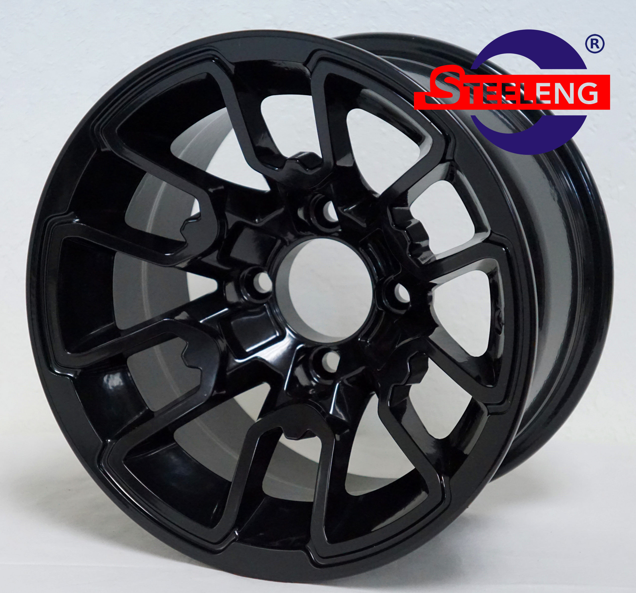 Black golf cart wheel STEERNG, modern design, glossy finish, Vector 14" golf cart wheel.