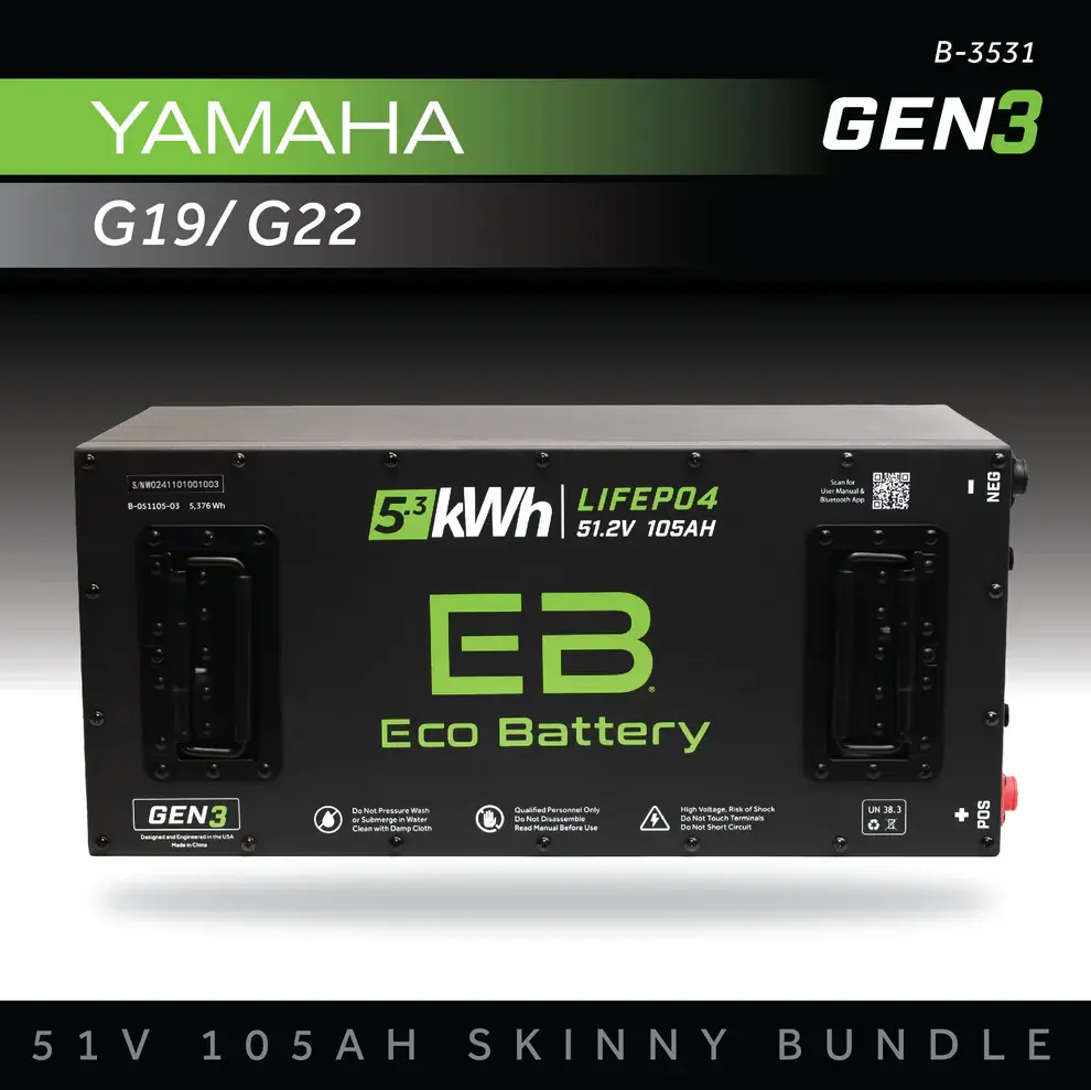 Yamaha G19/G22 GEN3 Eco Battery 51V 105AH Skinny Bundle for electric vehicles.