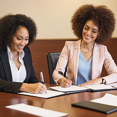 two people in a boardroom signing papers and opening a business. one is a mixed race woman.jpg