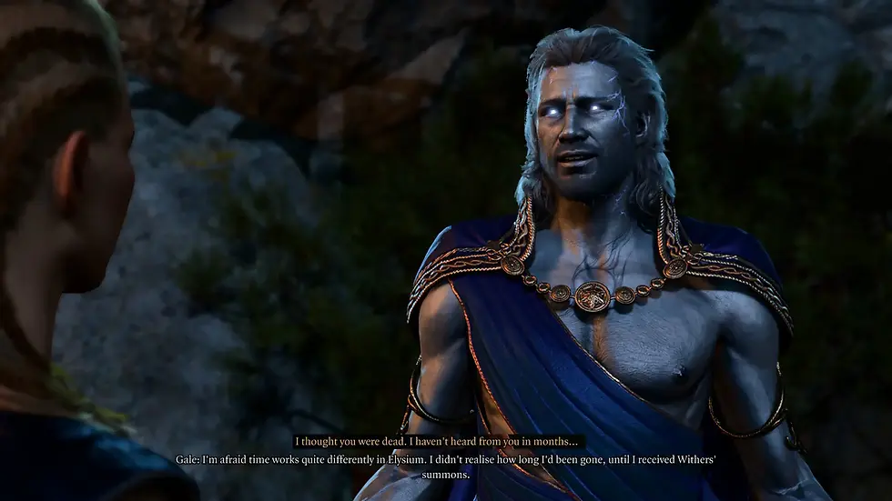 Gale is in his new form with silver skin and glowing blue eyes, and he wears a blue and gold robe. The player says, "I thought you were dead. I haven't heard from you in months." Gale responds, "I'm afraid time works quite differently in Elysium. I didn't realize how long I'd been gone, until I received Withers' summons."