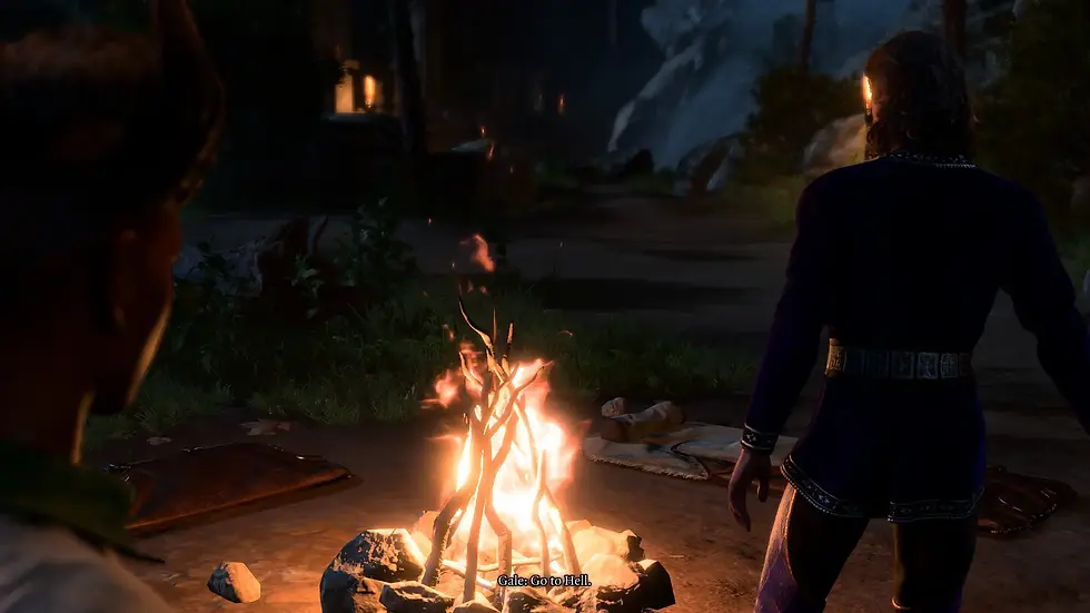 Gale stares at a campfire and says to the player as they approach "Go to Hell." He contemplates this phrase after actually seeing Hell.