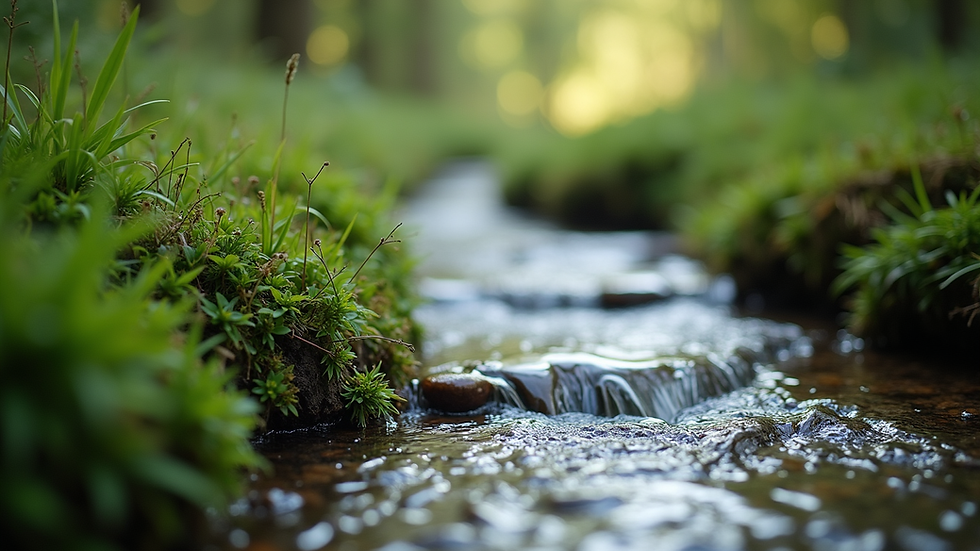 Close-up view of a serene nature scene with a flowing stream