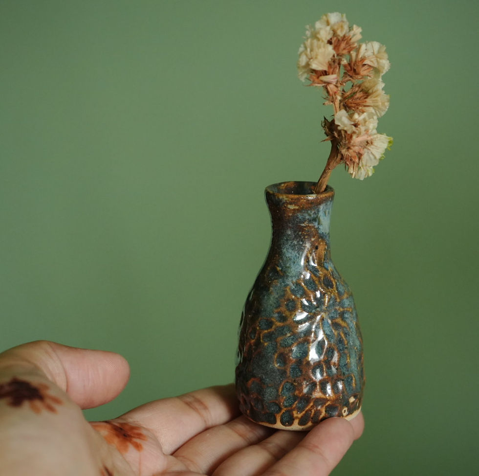 Carved forest green Miniature ceramic Budvase - Approx 6-7 cm height ( for Desk)