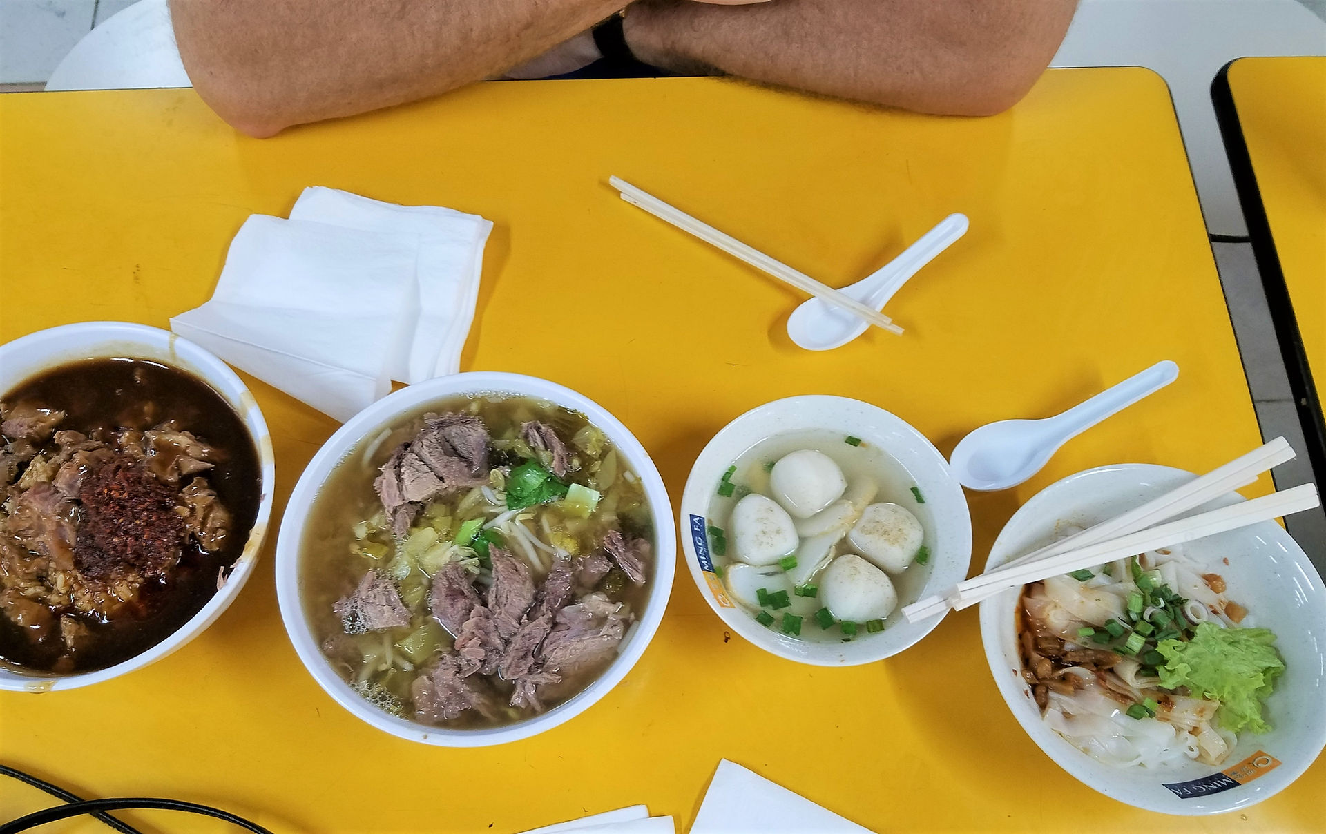 mutton stew with rice, beef 'parts' soup with rice noodles, fish balls, and flat rice noodles... for under $7!