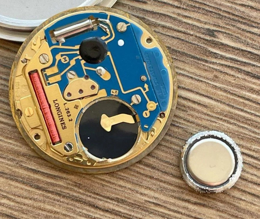 Close-up view of a quartz watch movement