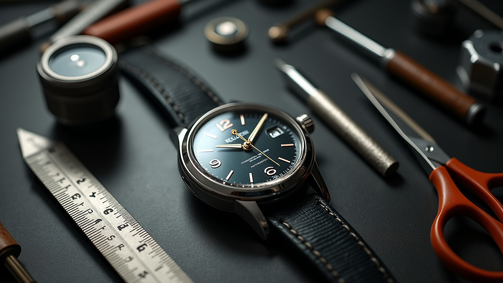 High angle view of a neat watch repair workspace with tools and a wristwatch