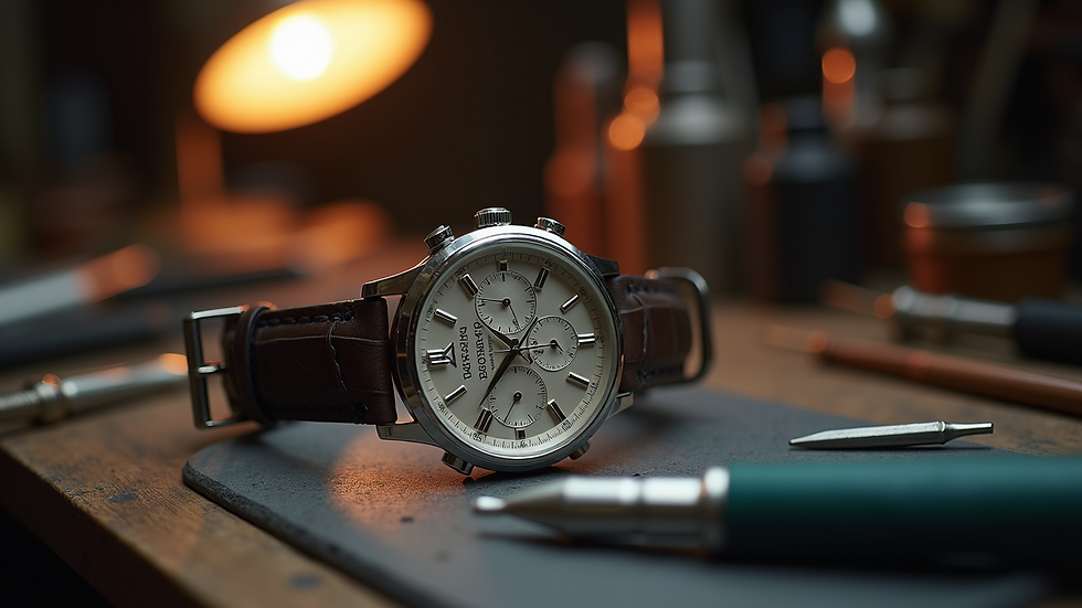 Eye-level view of a luxury watchmaker’s bench with tools and a classic wristwatch