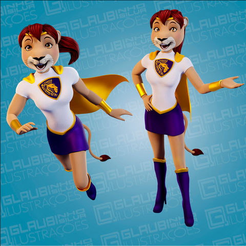 Leoa em 3d, usado saia roxa, camiseta branca, botas roxas, e uma juba que forma um cabelo vermelho