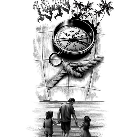 ilustração para tatuagem, com detalhes significativos, pai e filhas numa praia e uma bússola que representam o destino.