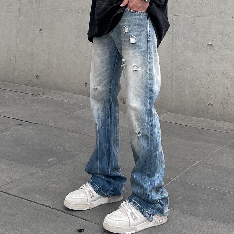 Distressed Washed Ripped Flared Mens Jeans