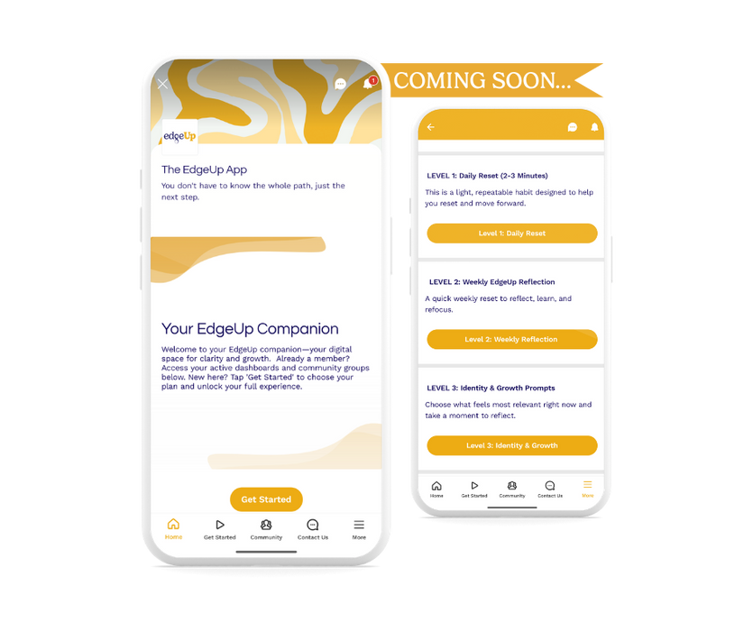 Screenshots of the edgeup app, with a banner on top saying "COMING SOON"