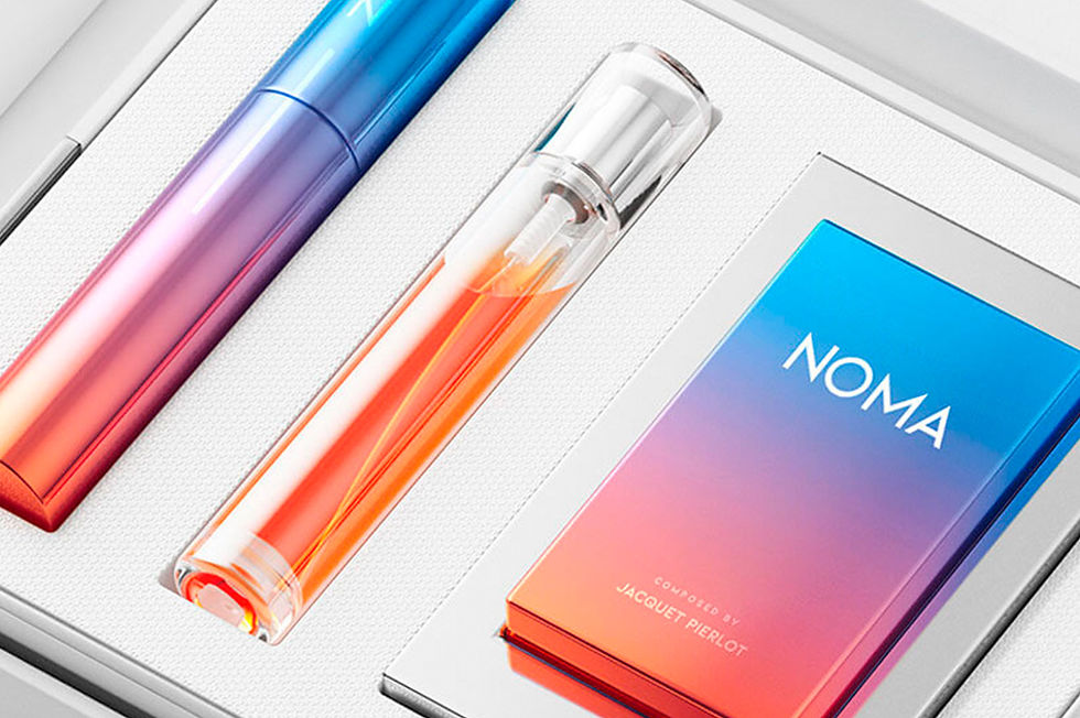 Projeto de design de embalagens para NOMA, criado por Mike Creative Mints, com visual sofisticado, tipografia moderna e cores suaves, destacando a atenção aos detalhes e a elegância.