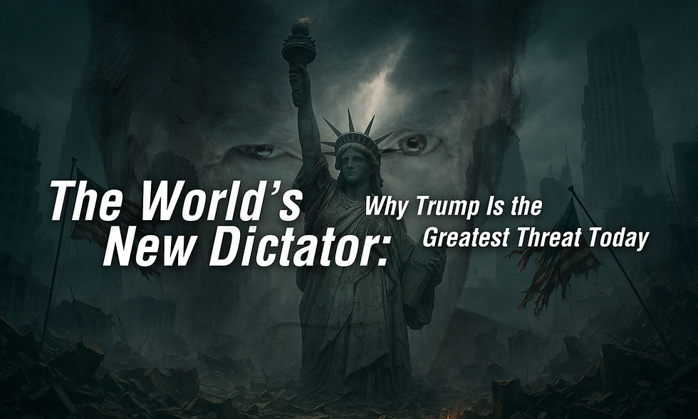 Dark dystopian artwork of the Statue of Liberty standing in ruins, with torn American flags and the looming face of Donald Trump in the stormy sky, symbolizing authoritarianism and the global threat to democracy.