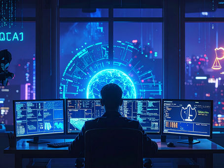 Pessoa sentada em frente a várias telas de computador exibindo códigos e gráficos, em um ambiente noturno de cidade futurista. Ao fundo, um holograma azul em forma de globo digital ocupa o centro da cena, enquanto um ícone luminoso de balança da justiça aparece à direita, simbolizando ética e equilíbrio no uso da tecnologia.