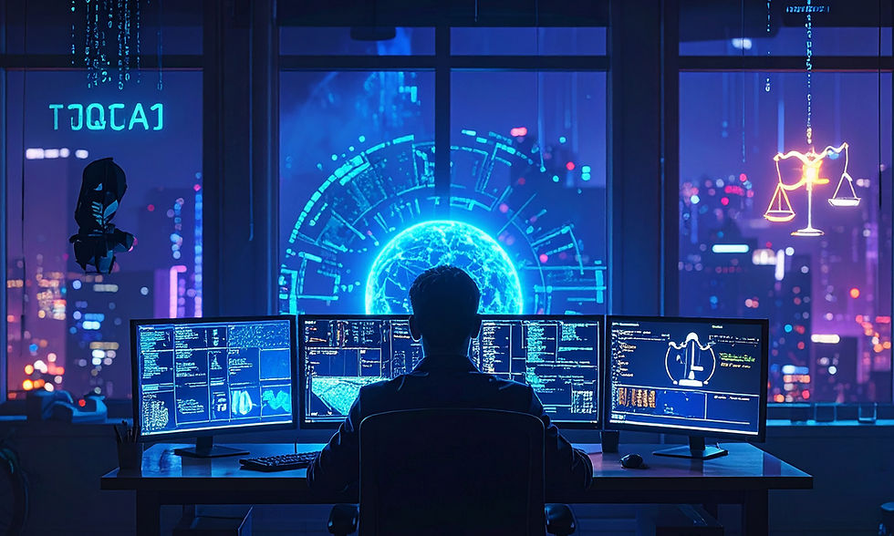 Pessoa sentada em frente a várias telas de computador exibindo códigos e gráficos, em um ambiente noturno de cidade futurista. Ao fundo, um holograma azul em forma de globo digital ocupa o centro da cena, enquanto um ícone luminoso de balança da justiça aparece à direita, simbolizando ética e equilíbrio no uso da tecnologia.