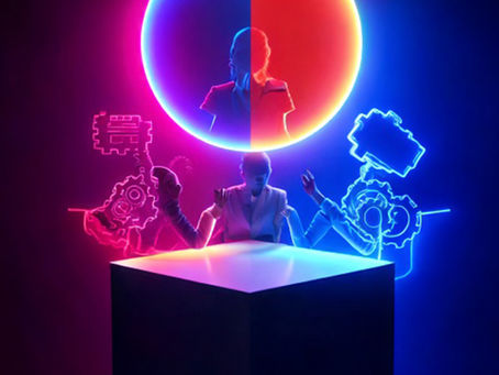 Ilustração editorial conceitual com duas figuras humanas em lados opostos, representando visões políticas divergentes da direita e da esquerda. Ao centro, um designer manipula símbolos sociais e políticos como punho erguido, engrenagens, cifrão, megafone e balança da justiça. As cores quentes de um lado e frias do outro simbolizam a polarização ideológica. Estilo gráfico limpo e minimalista, com atmosfera reflexiva e crítica.