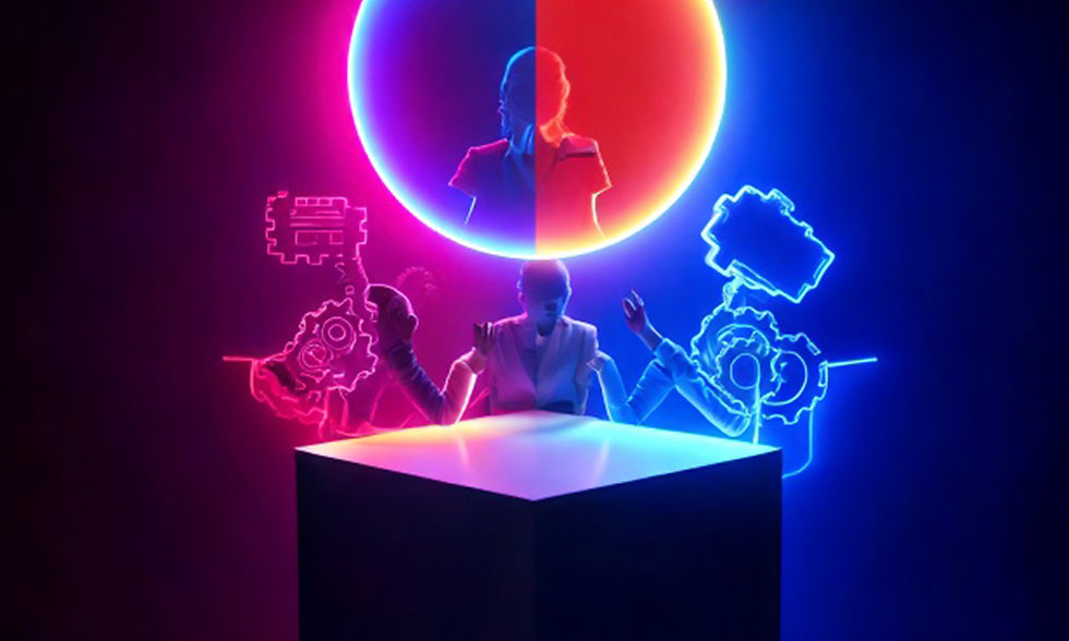 Ilustração editorial conceitual com duas figuras humanas em lados opostos, representando visões políticas divergentes da direita e da esquerda. Ao centro, um designer manipula símbolos sociais e políticos como punho erguido, engrenagens, cifrão, megafone e balança da justiça. As cores quentes de um lado e frias do outro simbolizam a polarização ideológica. Estilo gráfico limpo e minimalista, com atmosfera reflexiva e crítica.